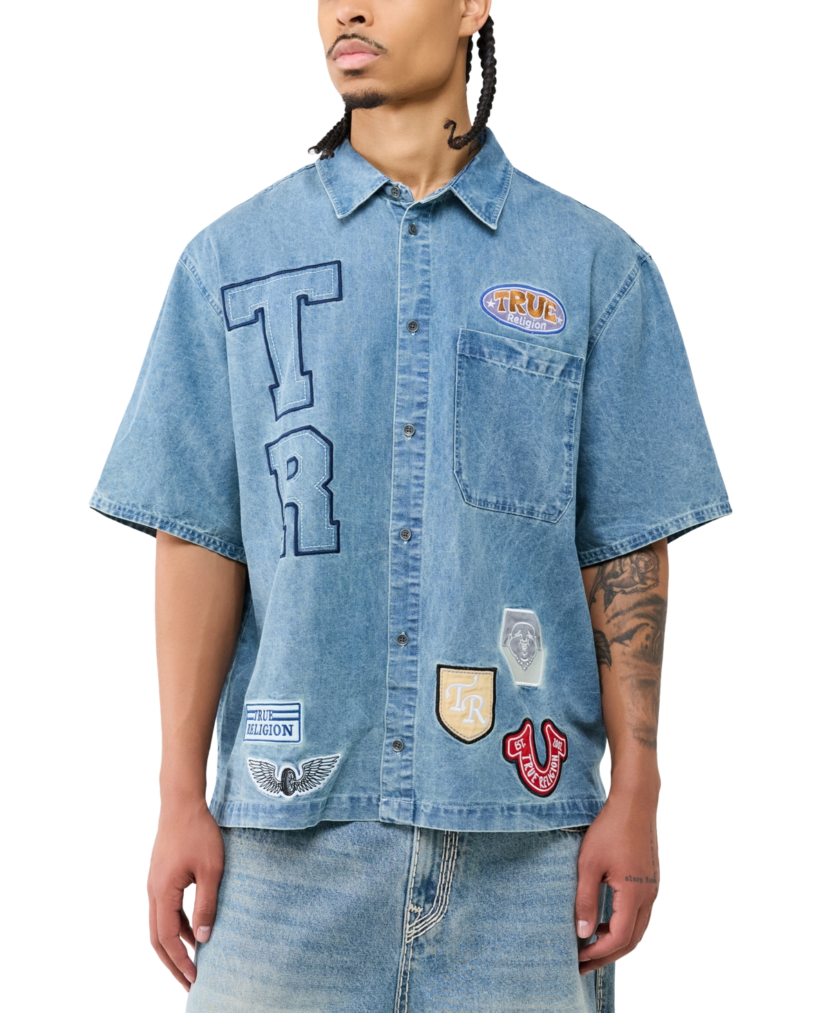 True Religion Men's Denim Patchwork Short-Sleeve Shirt
