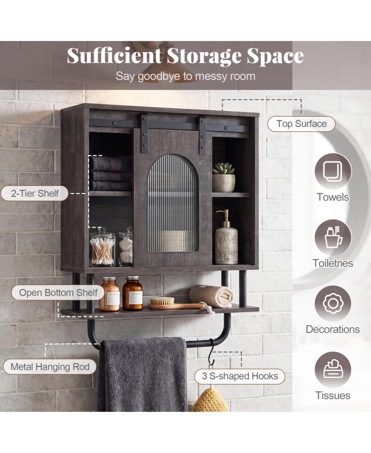 Volenca Bathroom Wall Cabinet with Sliding Barn Door and Metal Hanging Bar