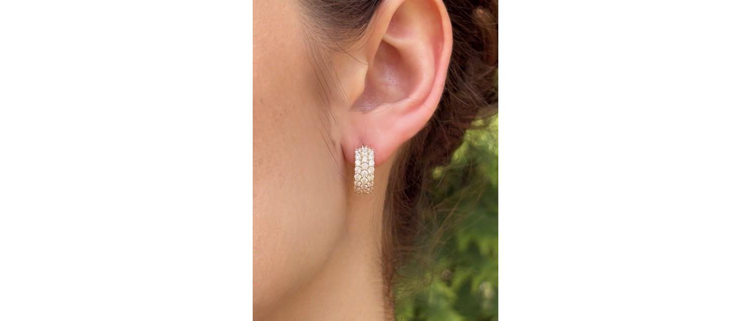 Sterling Silver Cubic Zirconia Pave Three-Row Huggie Hoop Earrings