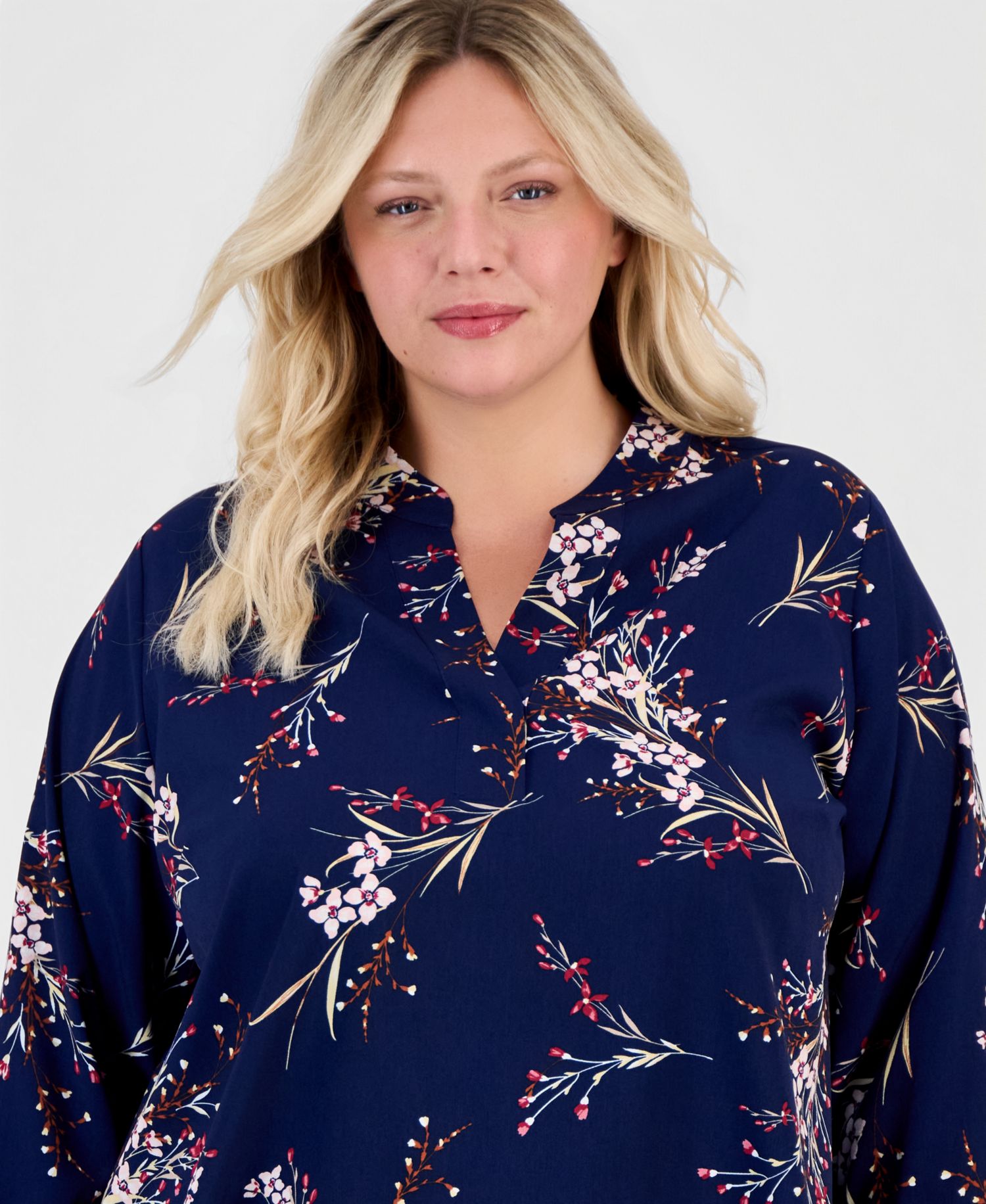 Plus Size Split V-Neck Printed Popover Top