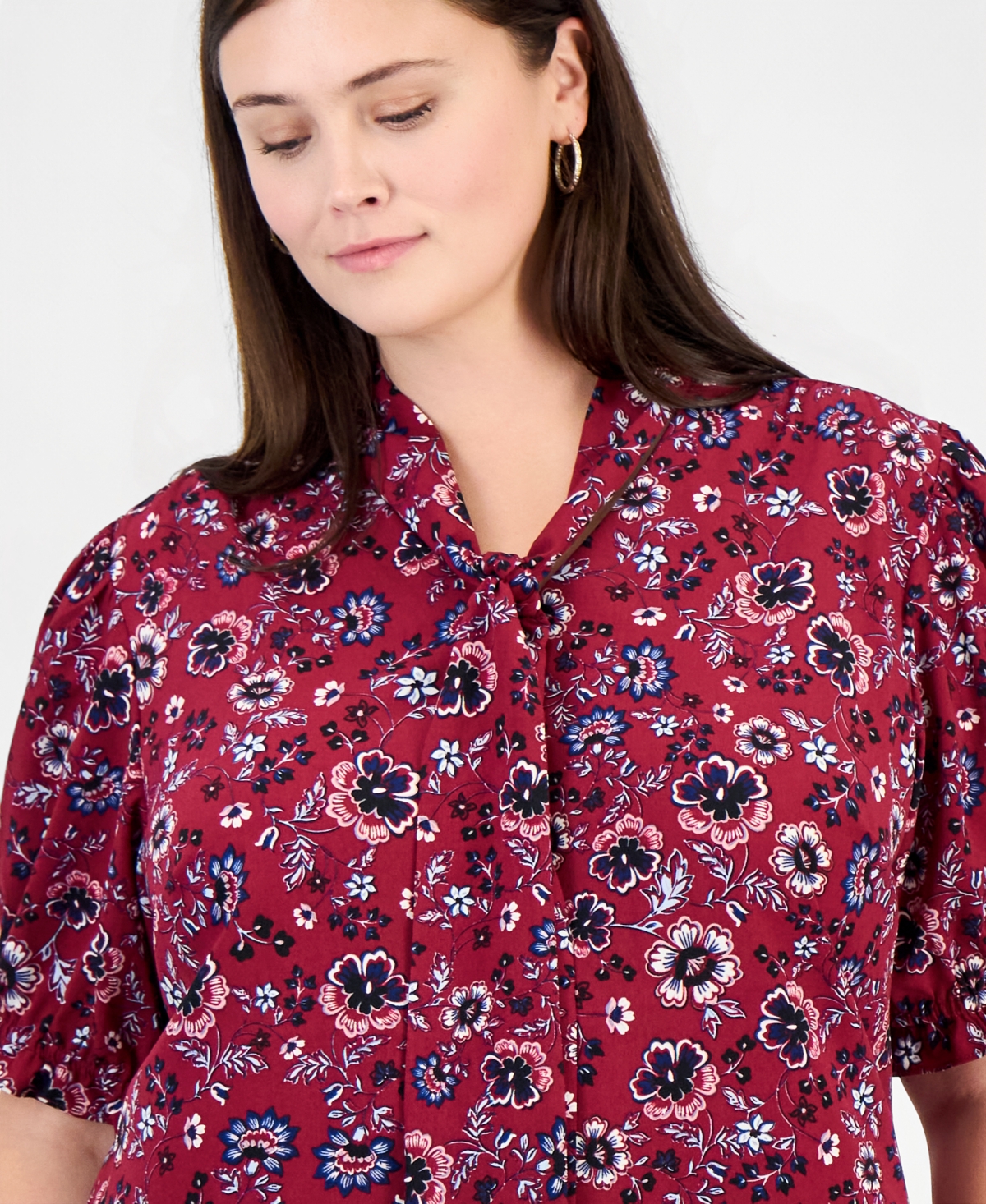Jones New York Plus Tie Neck Printed Puff Short-Sleeve Top