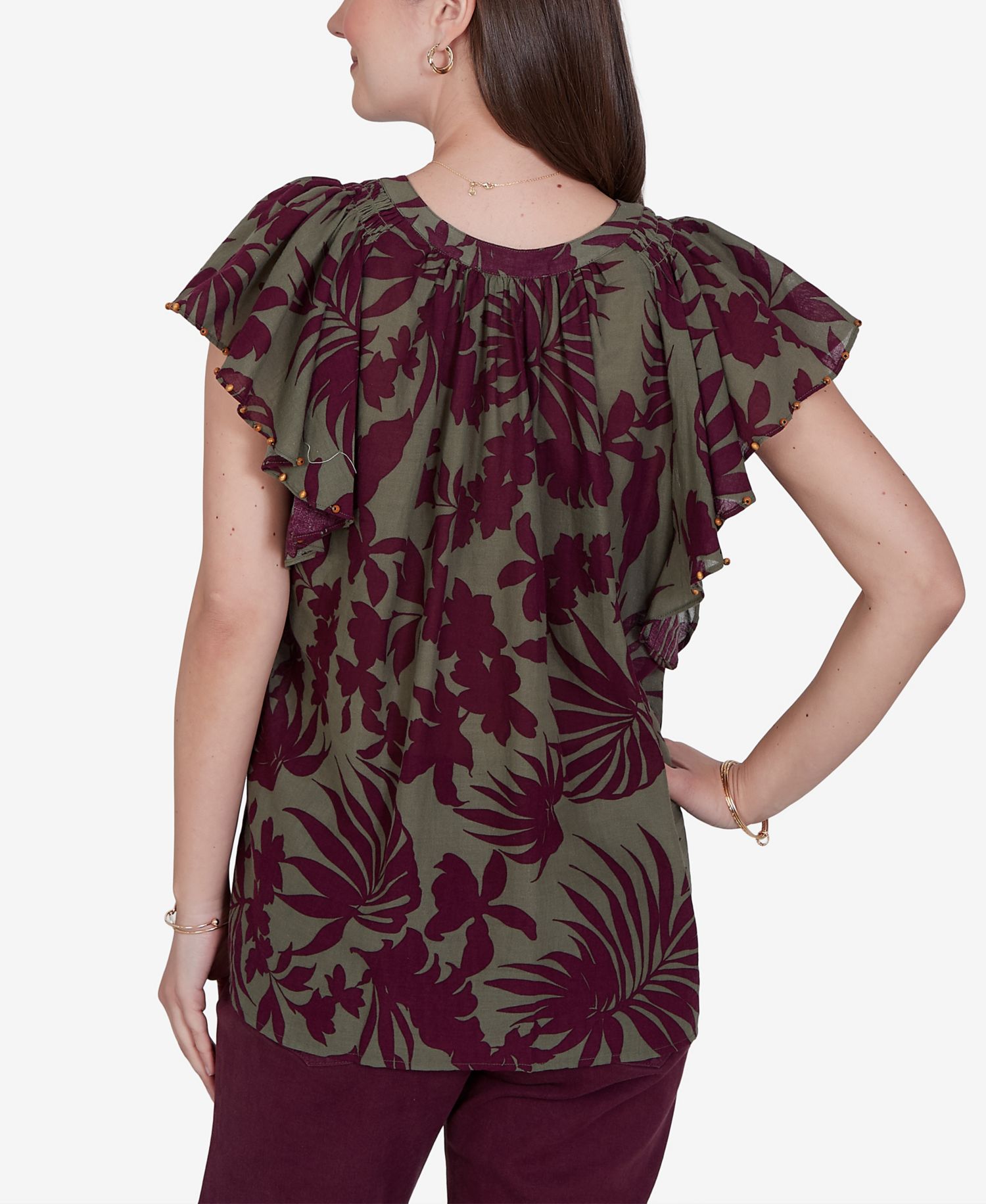 Petite Tropical Print Gauze Flutter-Sleeve Top