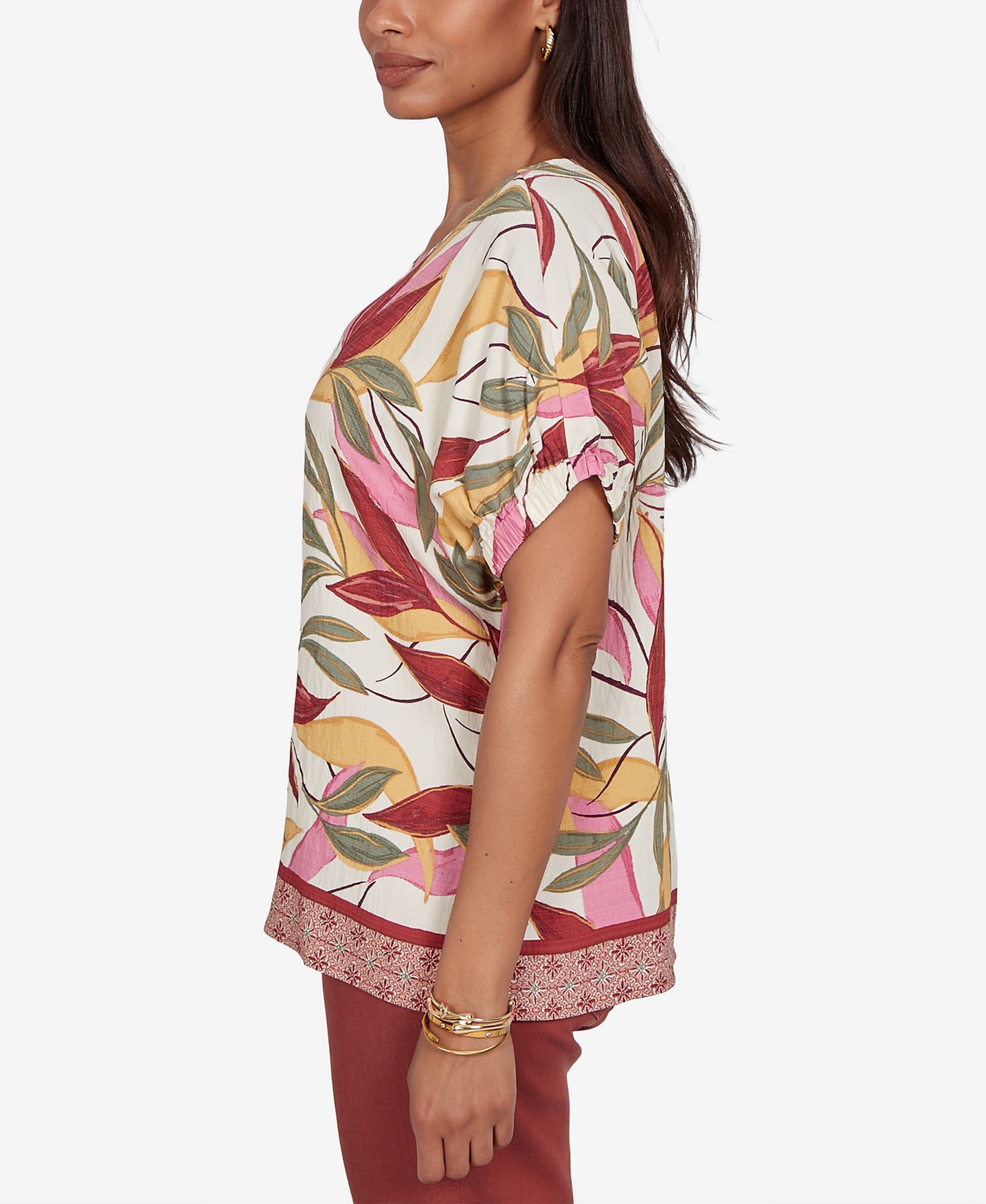 Petite Textured Leaf Print Short-Sleeve Top