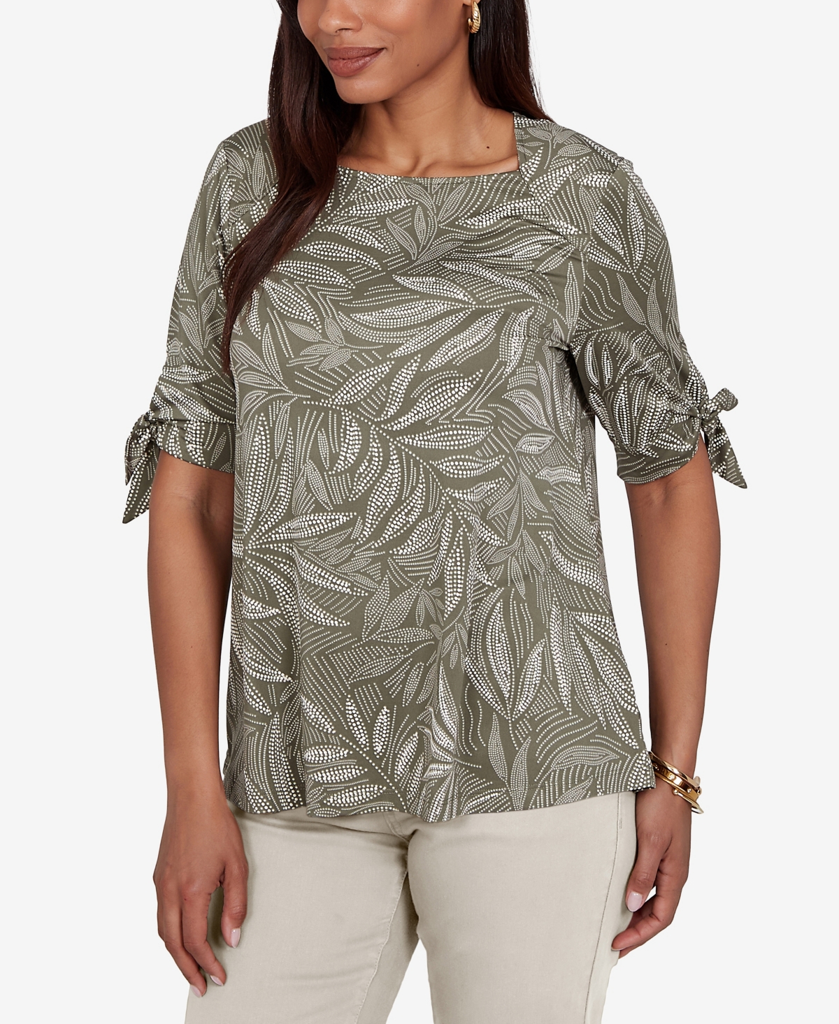Ruby Rd. Petite Leaf Puff Print Knit Tie Sleeve Top