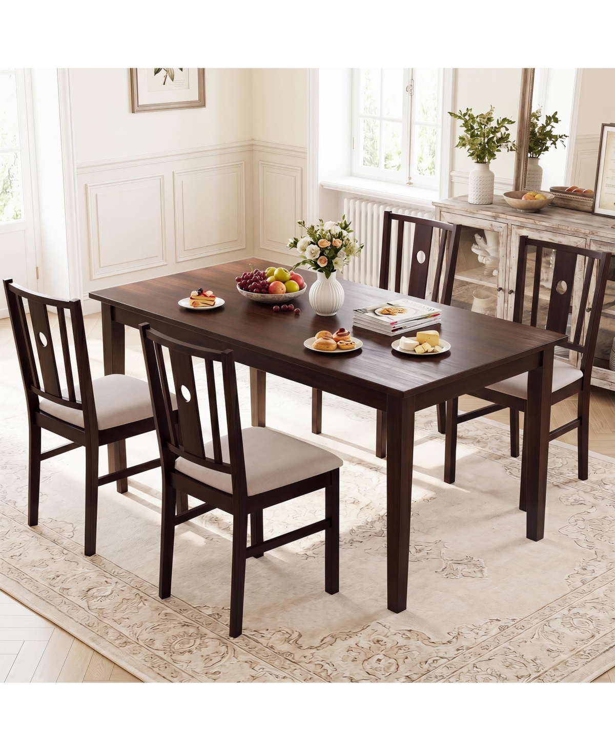 Gymax Wooden Chairs Set of 4 Upholstered Rubber Kitchen Chairs w/Fabric Padded Seat