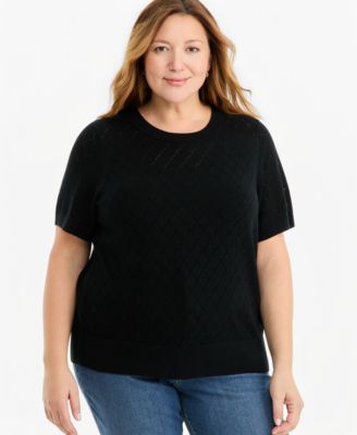 Plus Size Pointelle Crewneck Short-Sleeve Sweater
