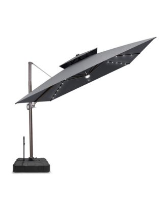 Outdoor Patio 11x11Feet Aluminum Double Canopy Solar Lights Cantilever Umbrella with Rod Wheel Base