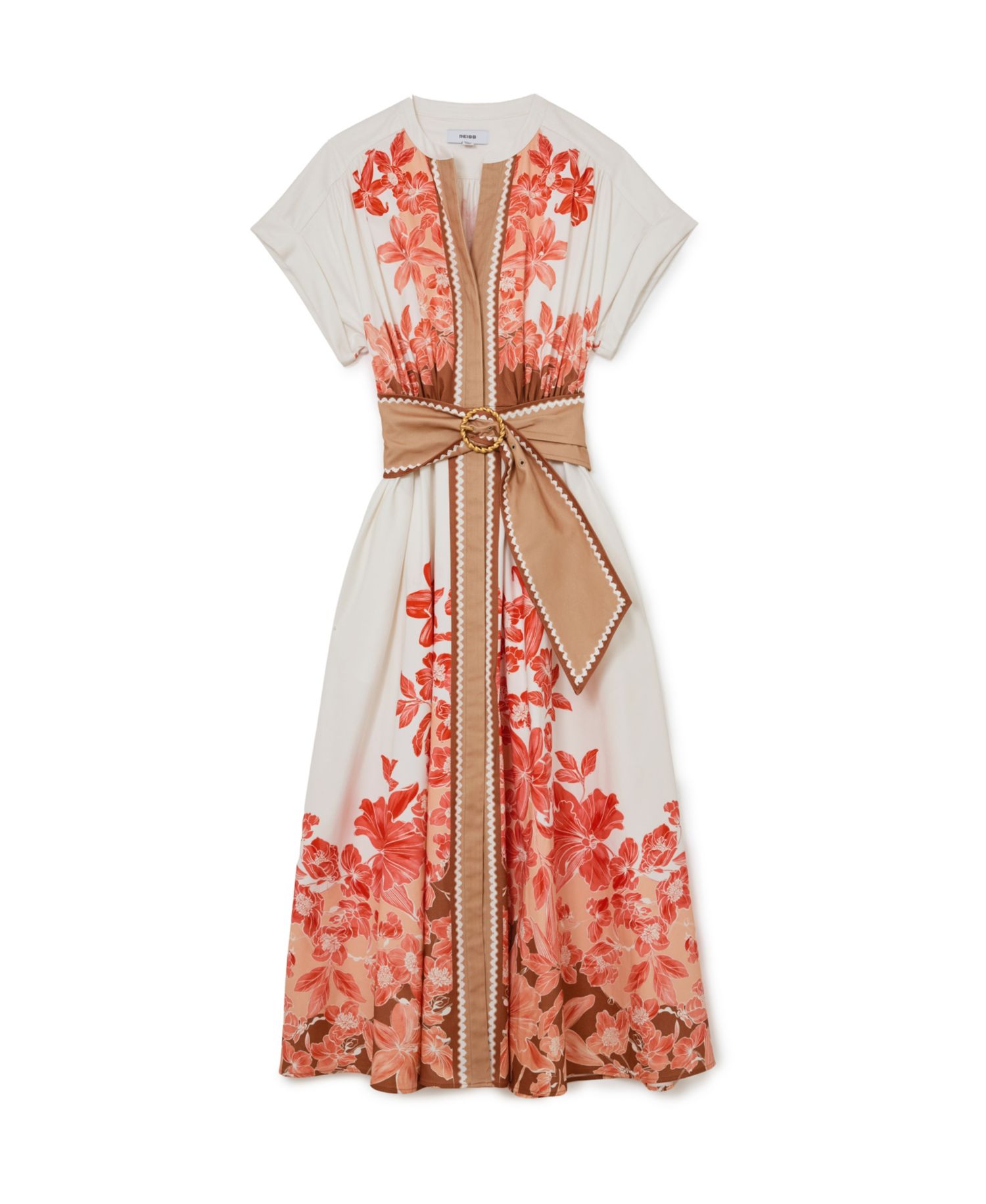 Women's Cotton Floral Belted with Stretch Midi Dress