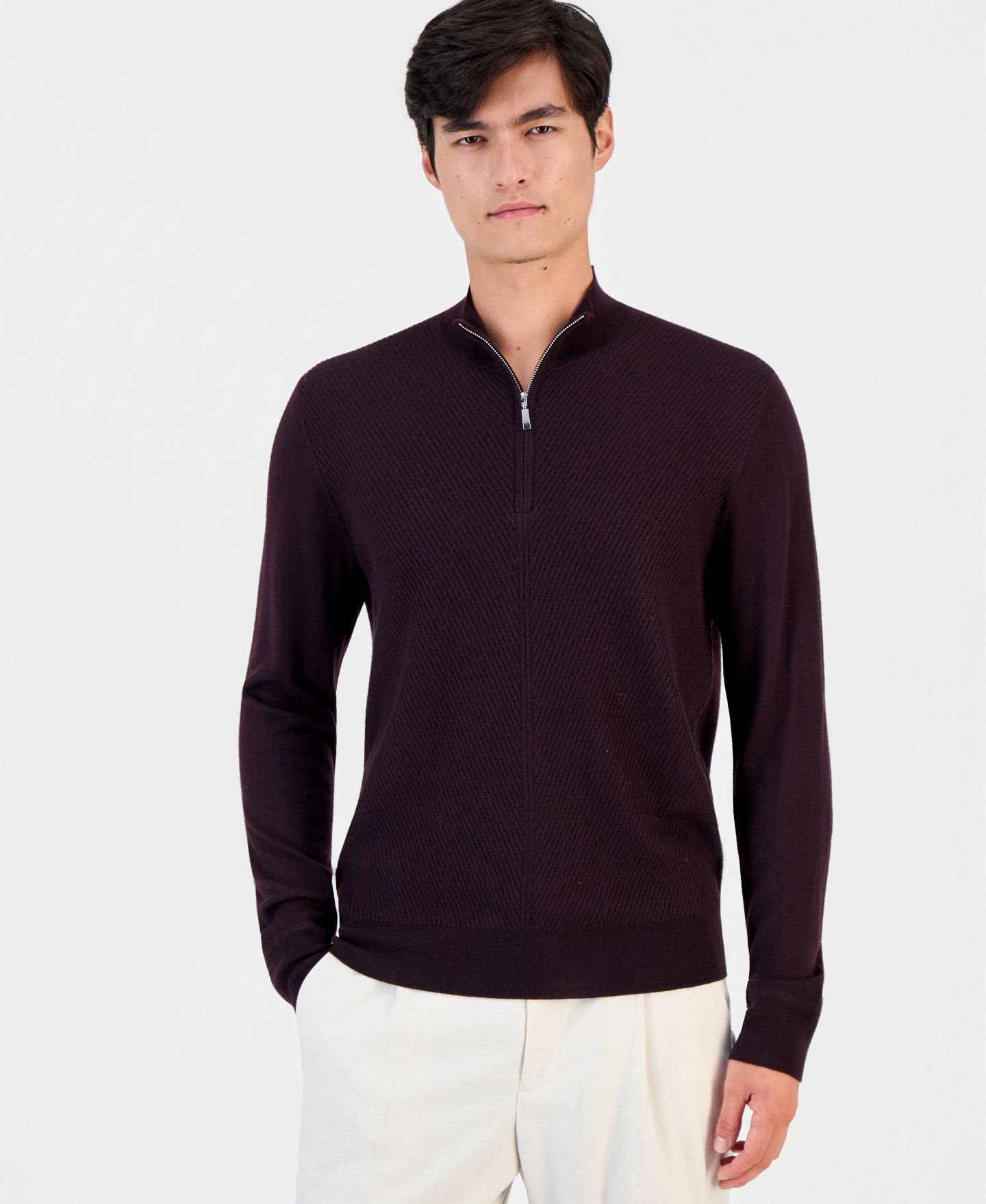 Мужской свитер Alfani Long Sleeve Merino Quarter-Zip, цвет: Баклажановый — фото 1