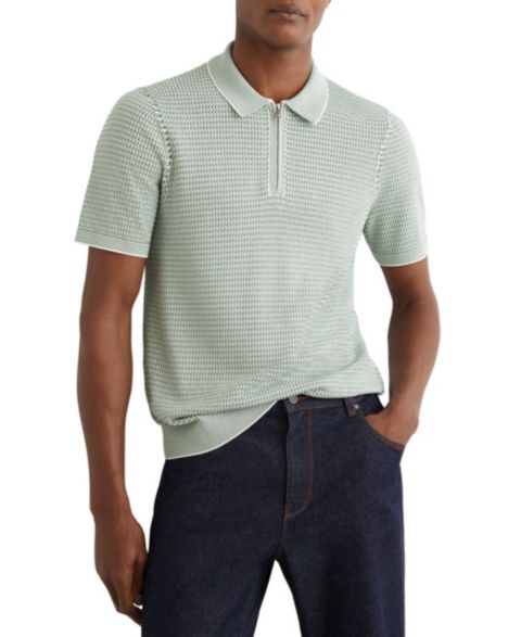 Мужское поло REISS Brink Half Zip Textured Polo Shirt, цвет: Мягкий шалфейный зелёный