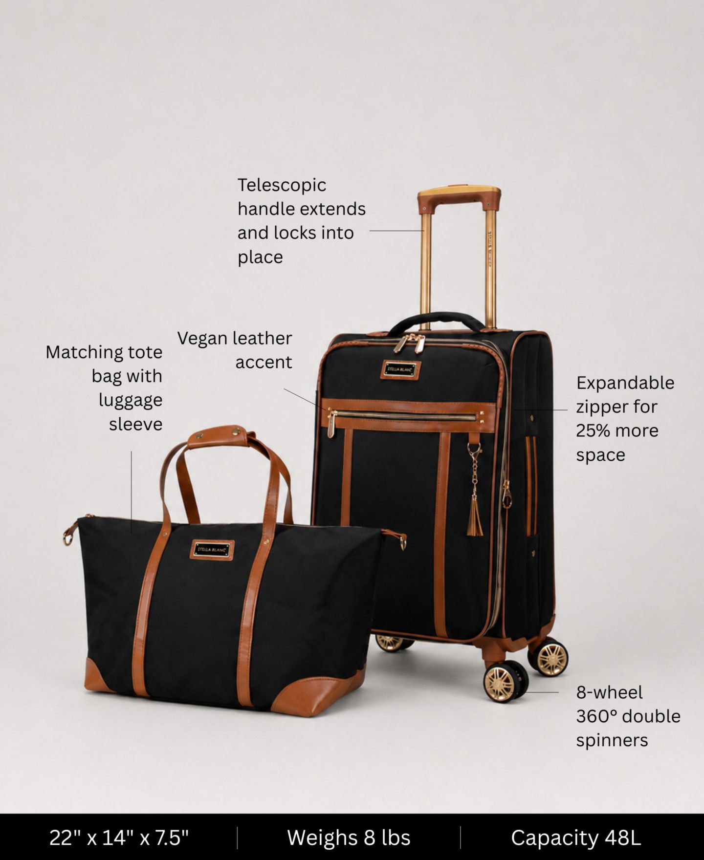 Сумки STELLA BLANC Luxe 2-Pc. Softside Expandable Carry-On and Tote Set, цвет: Чёрный — фото 2