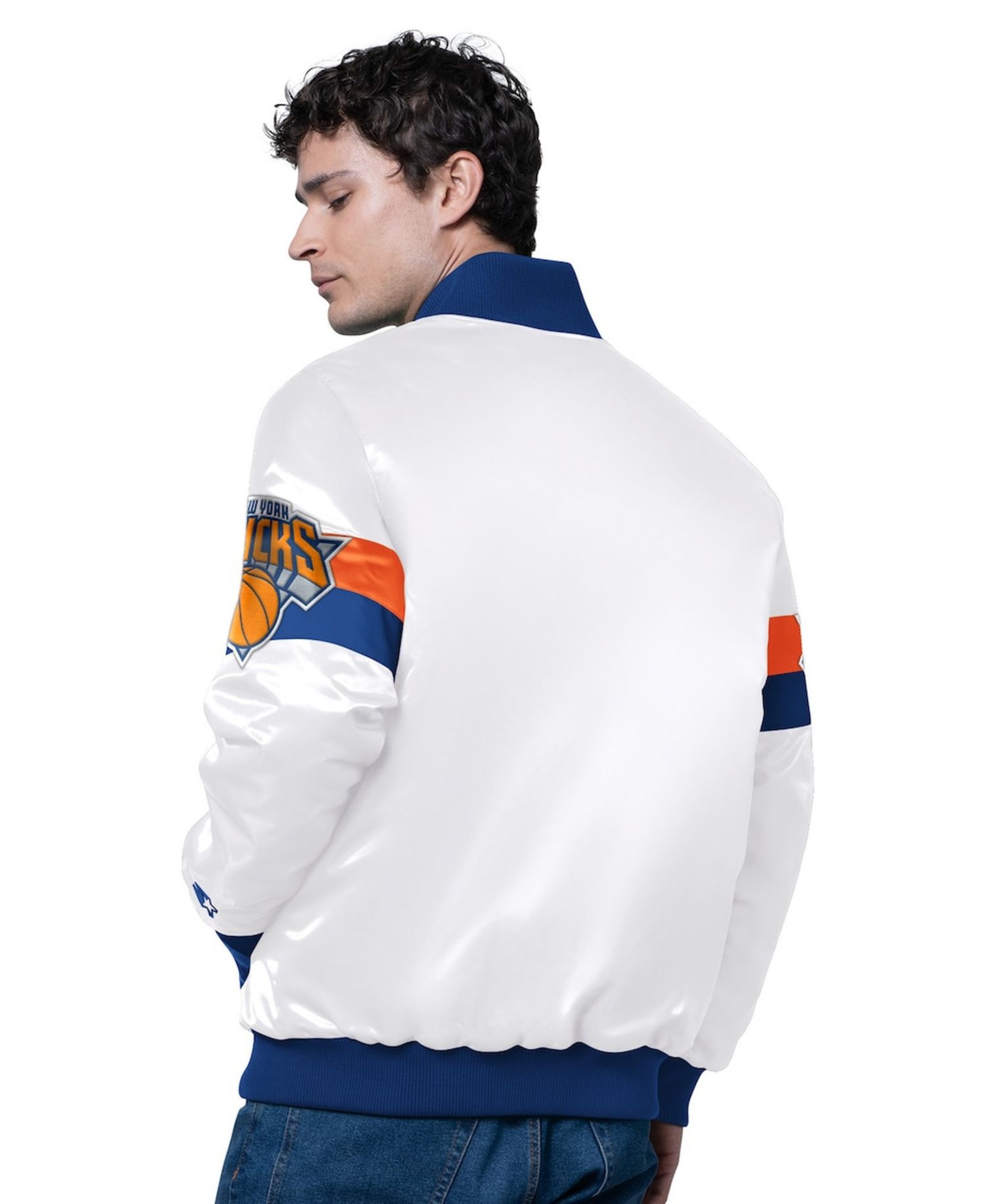 Men's White New York Knicks Triple Option Varsity Full-Snap Satin Jacket