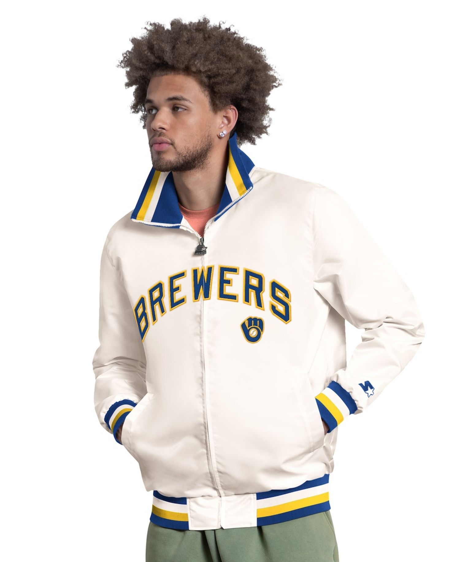 Men's White Milwaukee Brewers The Captain Cooperstown Logo Full-Zip Varsity Jacket