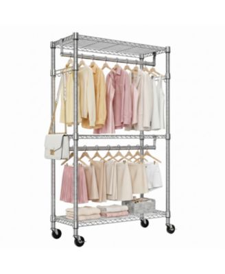 Heavy Duty Rolling Garment Rack 3 Tiers, with 2 Rods and Side Hooks, Adjustable Wire Shelving Clothes Rack, Storage Closet Clothing Rack