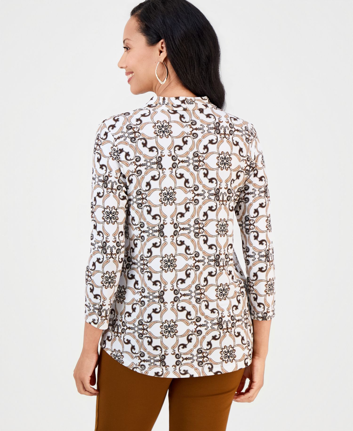 Plus Size Printed 3/4 Sleeve V-Neck Knit Top