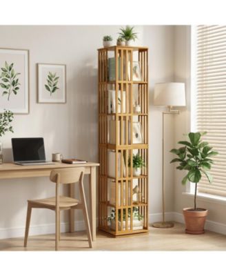6 Tier Bamboo Rotating Bookshelf Tower, 360degree(s) Display Spinning Bookcase, Wood Narrow Book Shelf Organizer, for KidsandAdults
