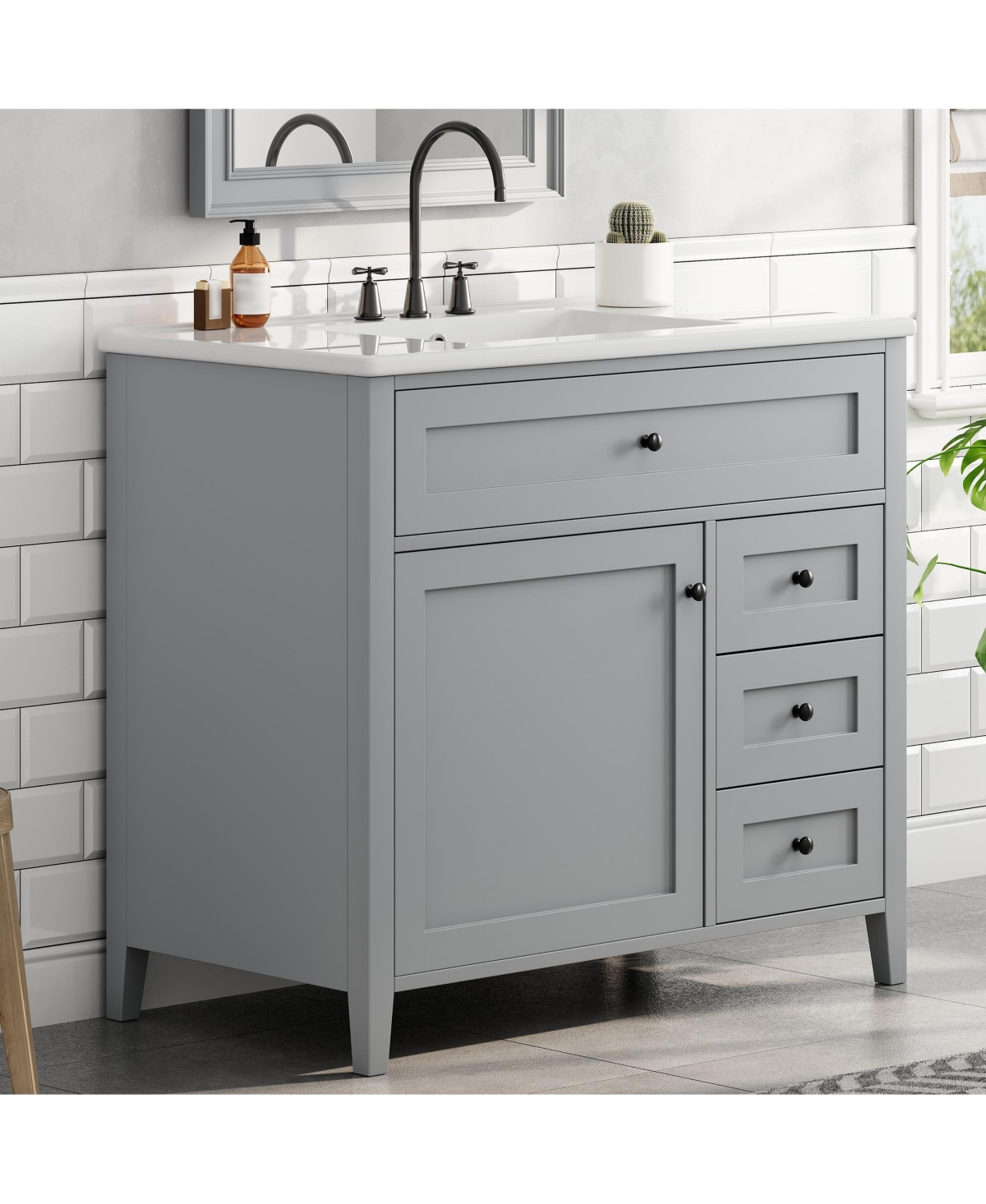 Busdays 36 Inch Freestanding Bathroom Vanity with Sink Modern Mdf Rubberwood Cabinet 3 Drawers Adjustable Shelf Left Door New Color