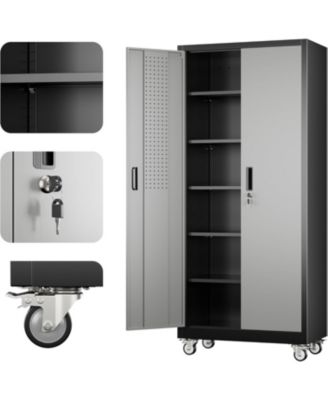 71 Inch Metal Garage Storage Cabinet with Wheels and Pegboard, Lockable Tool Organizer with 5 Adjustable Shelves