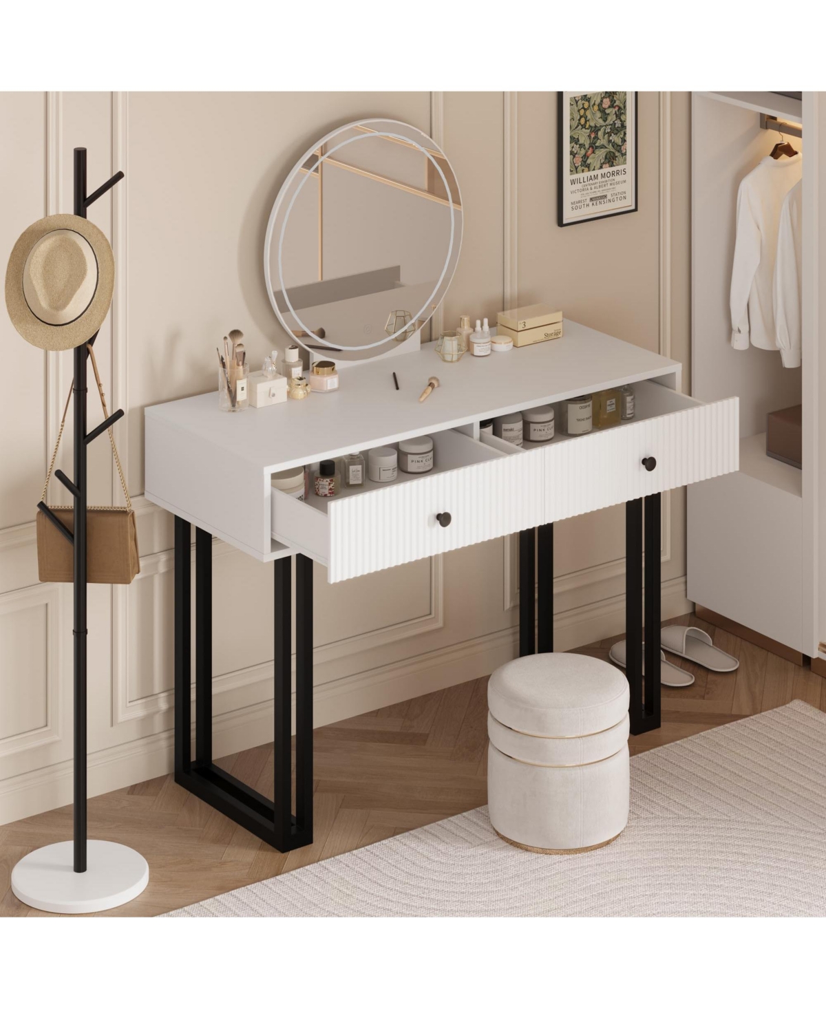 homfan Modern Vanity Desk with Led Mirror, Adjustable Lighting, 2 Drawers, Space-Saving Bedroom Makeup Table