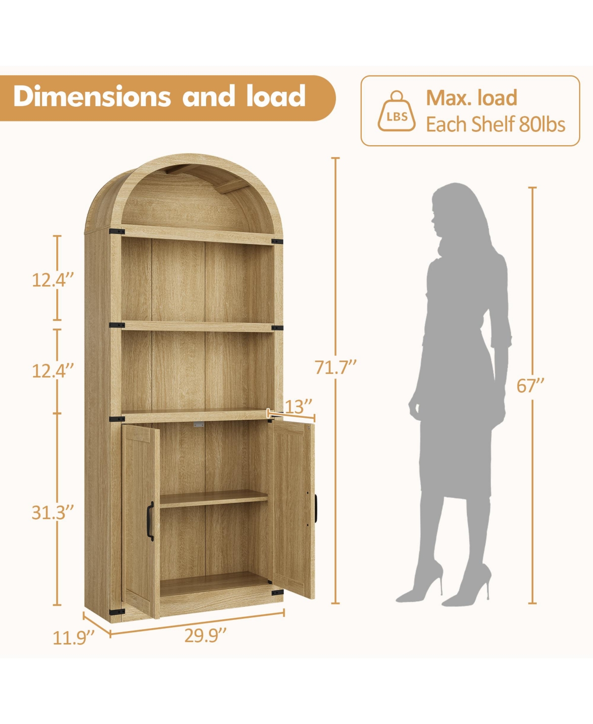homfan Arched 5-Shelf Wooden Bookcase Cabinet with Doors - 71.65 Inch Tall Farmhouse Display Storage Rack Bookshelf for Home Office, Living Room