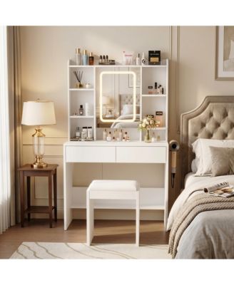 Vanity Desk with Mirror and Lights, Bedroom, Adjustable 3 Color Modes, Makeup Table with Hidden Shelves, USB Outlets, Hairdryer Holder