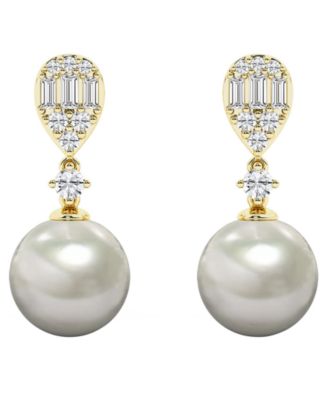 Cultured Freshwater Pearl (8-9mm) & Diamond Earrings in 14k Yellow Gold