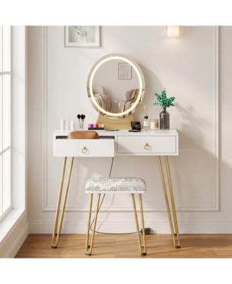 Vanity Desk Set with Lighted Mirror, Soft Cushioned Stool, 3 Lighting Modes Dressing Table, 2 Drawers for Bedroom