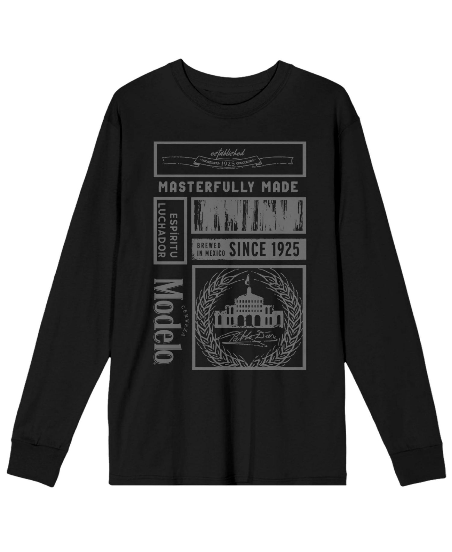 Men's Masterfully Made Label Collage Crew Neck Long Sleeve Black Adult Tee-Large