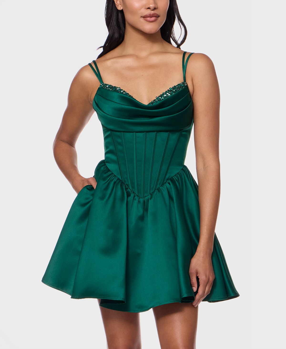 Alex & Sophia Juniors' Drape Stone Detail Neck Satin Dress view 1 — MAYCSS fashion products