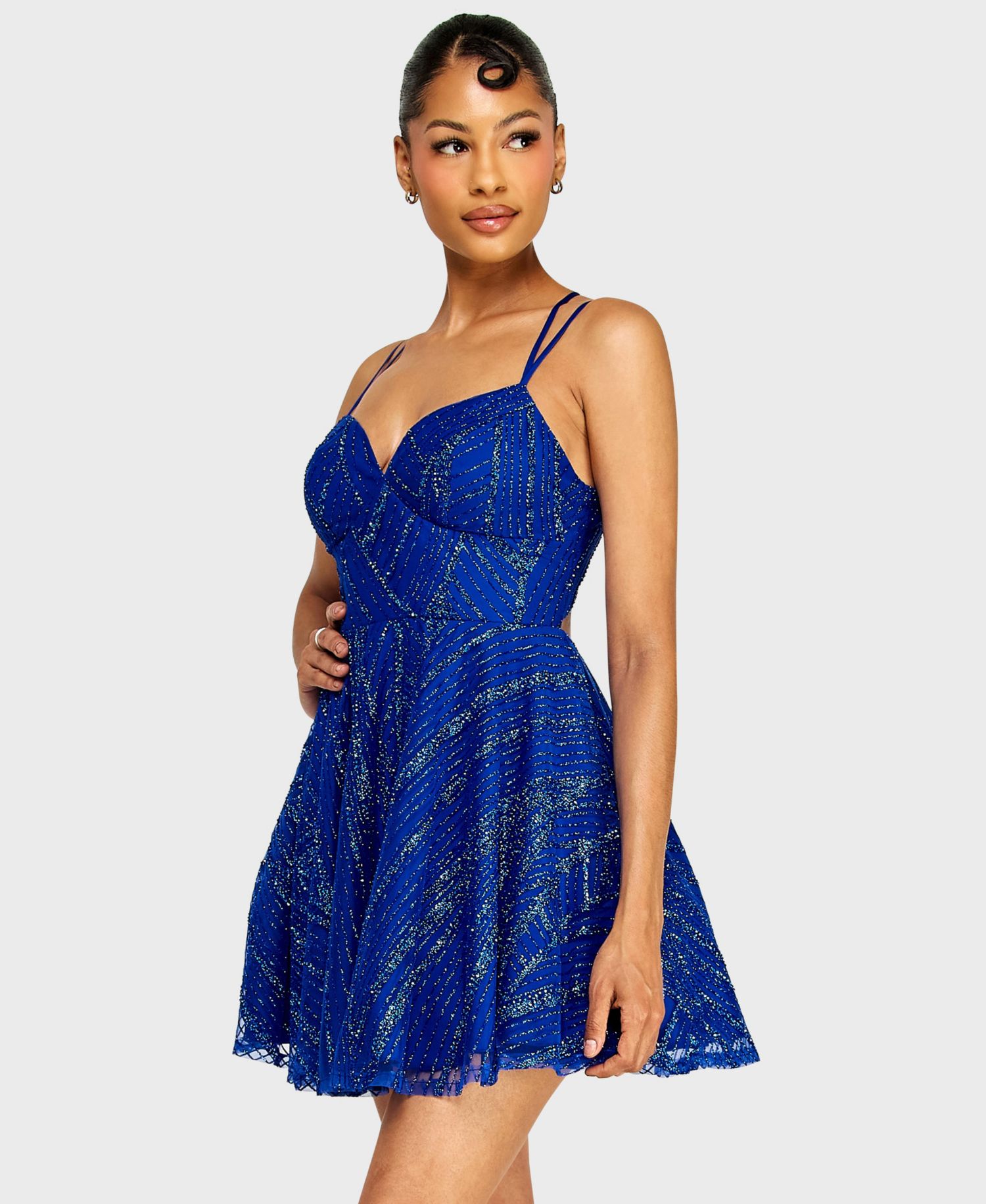Juniors' Sweetheart Neck Glitter Pattern A-line Mini Dress