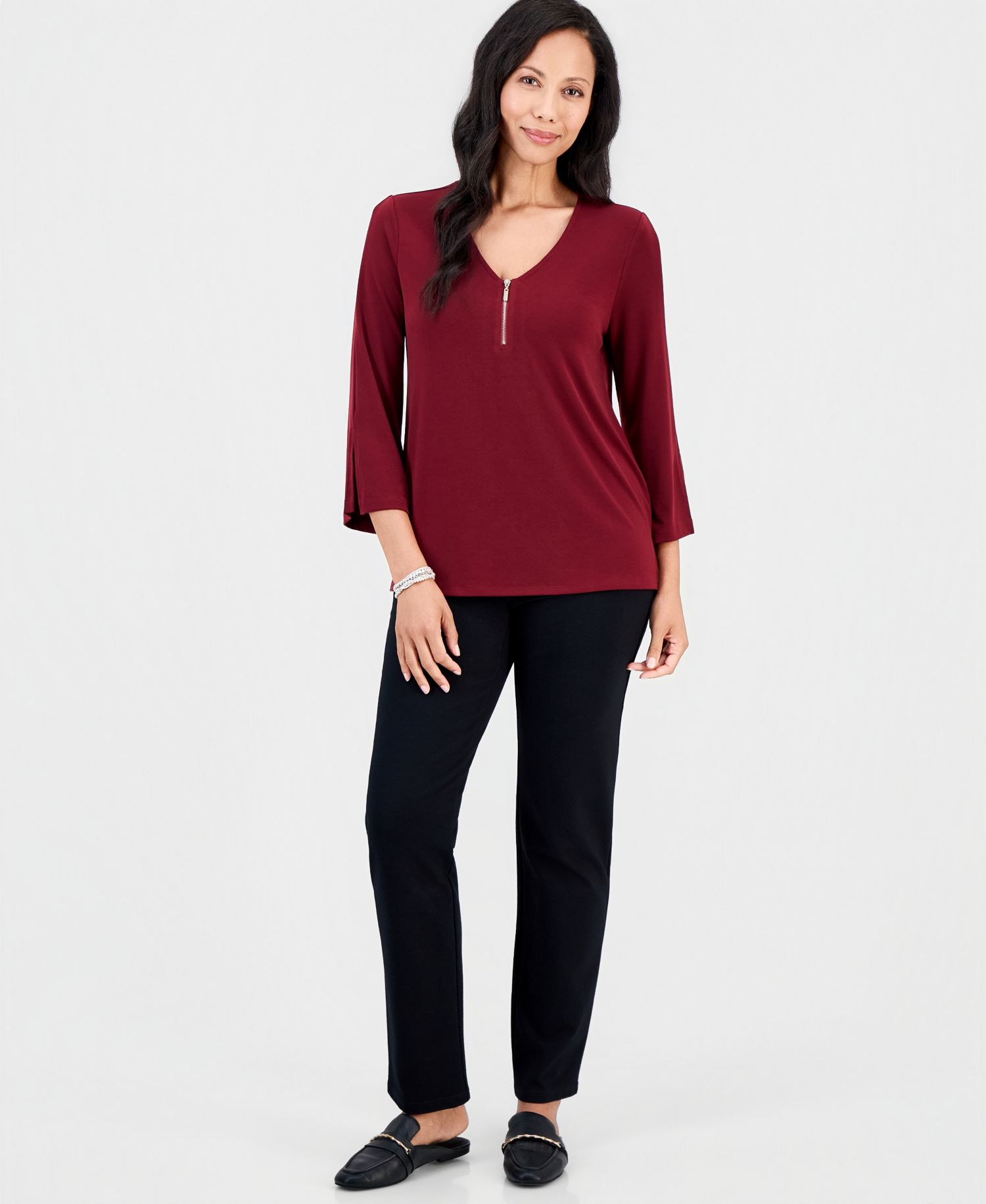 Women's Printed 3/4-Sleeve Zip-Front Top