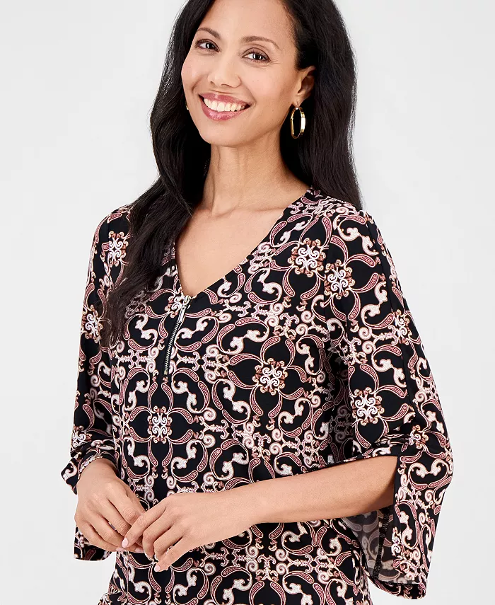 Women's Printed 3/4-Sleeve Zip-Front Top - thumbnail 7