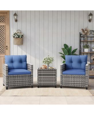 3-Piece Outdoor Wicker Conversation Set with Cushions and Tempered Glass Table for Patio, Balcony, Porch or Garden
