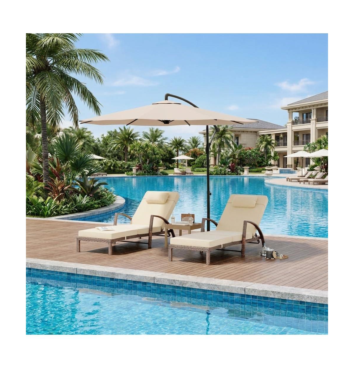 GarveeLife Set of 2 Outdoor Chaise Lounge Chairs with Cushions, 5-Position Backrest, Wheels, Pe Wicker Patio Loungers