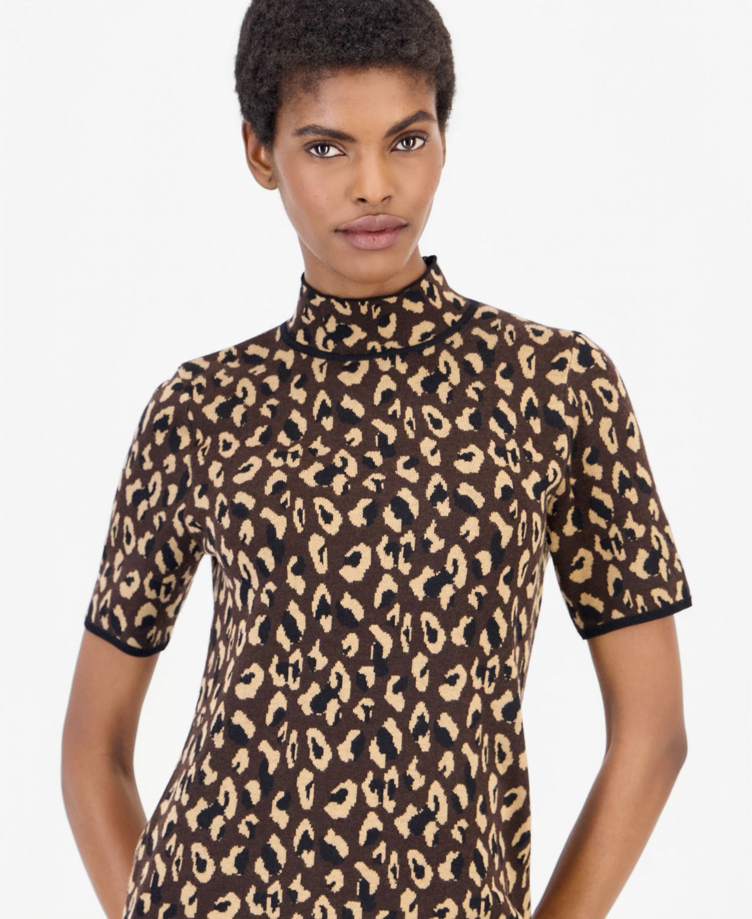 Petite Animal-Print Mock-Neck Short-Sleeve Sweater