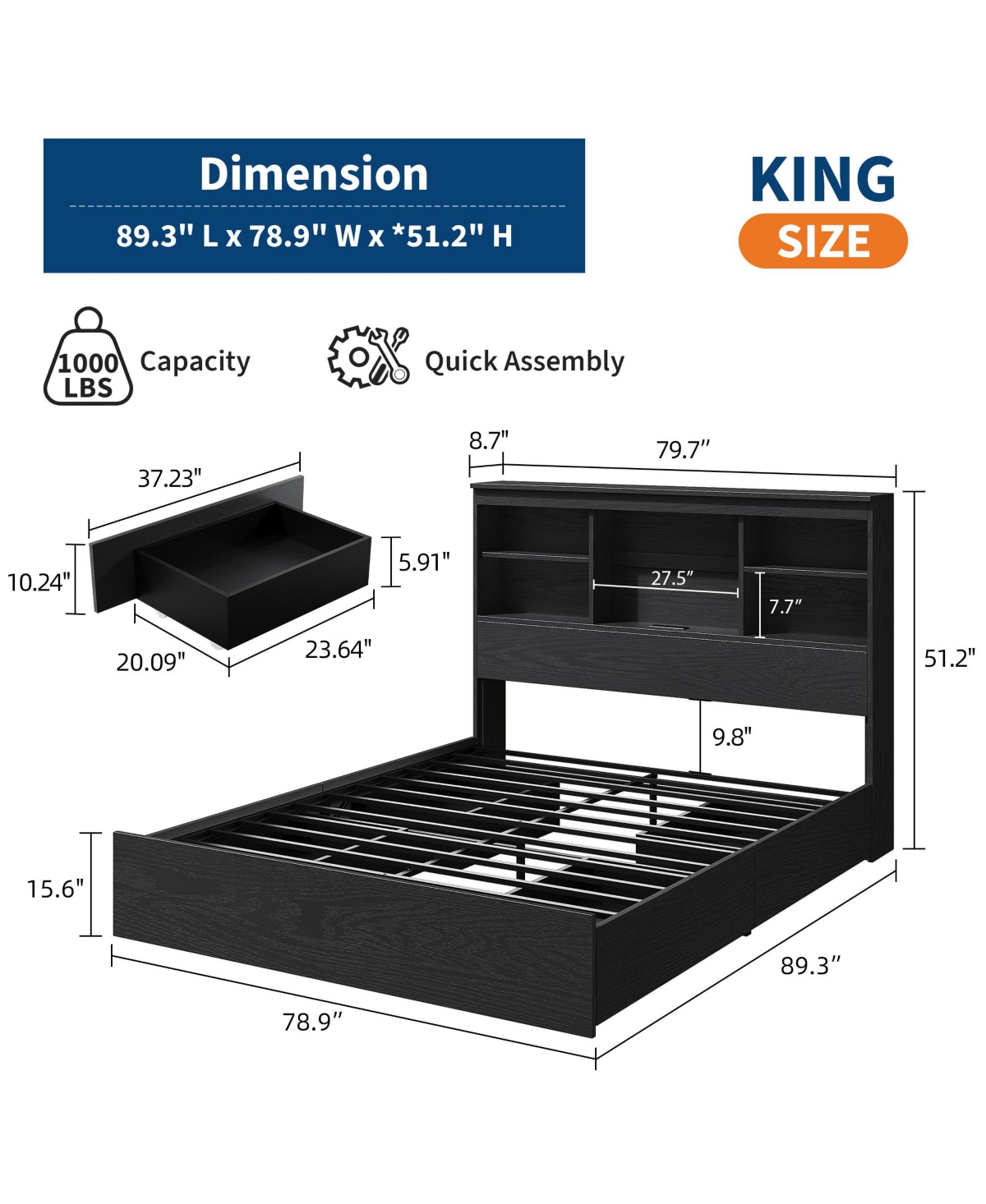 homfan Wood Bed Frame with Bookcase Headboard, 4 Storage Drawers, Built-in Charging Station, Metal Platform, Noise-Free