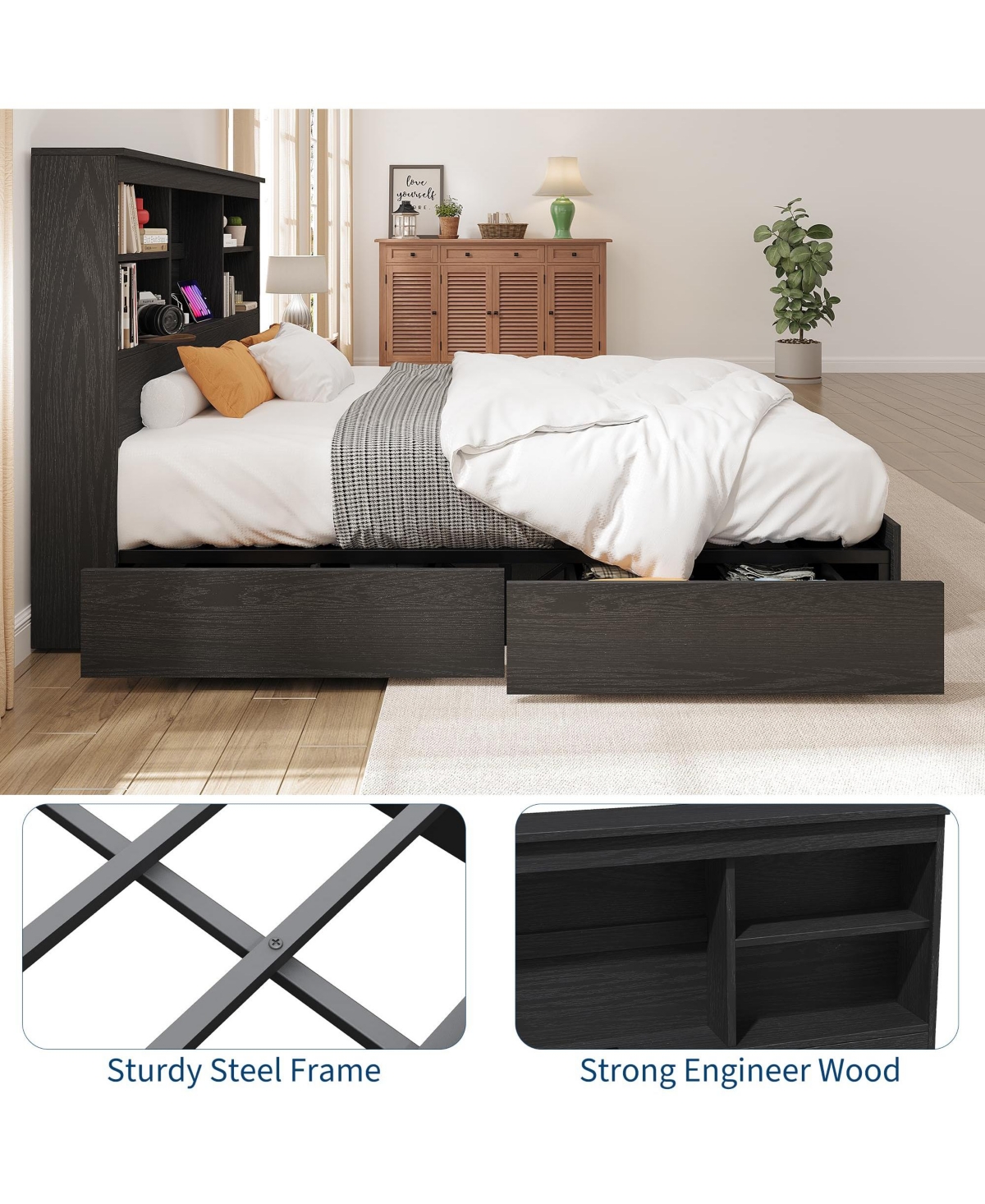 homfan Wood Bed Frame with Bookcase Headboard, 4 Storage Drawers, Built-in Charging Station, Metal Platform, Noise-Free
