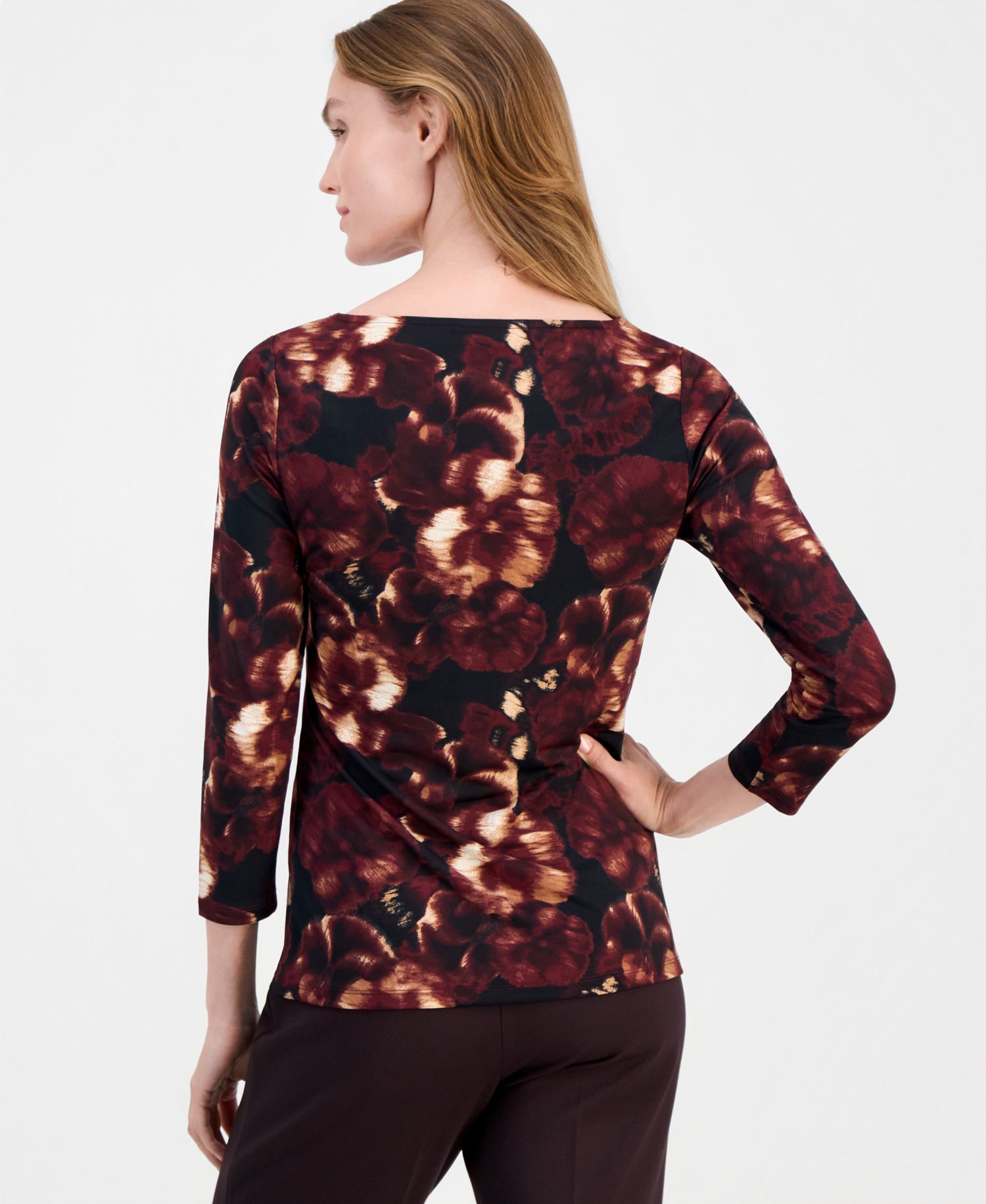 Petite Printed Asymmetric-Neck 3/4-Sleeve Top