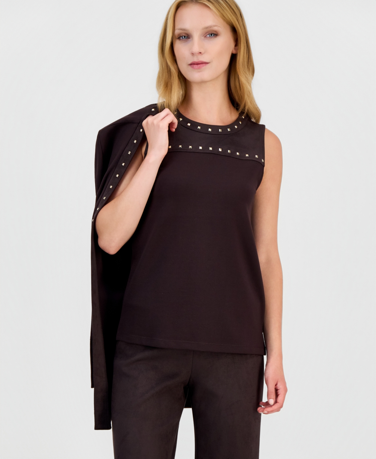 Anne Klein Petite Boat-Neck Sleeveless Knit-Shell Blouse