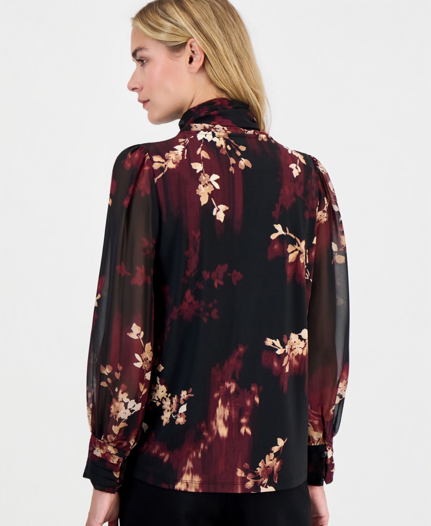 Petite Long-Sleeve Floral Bow Blouse