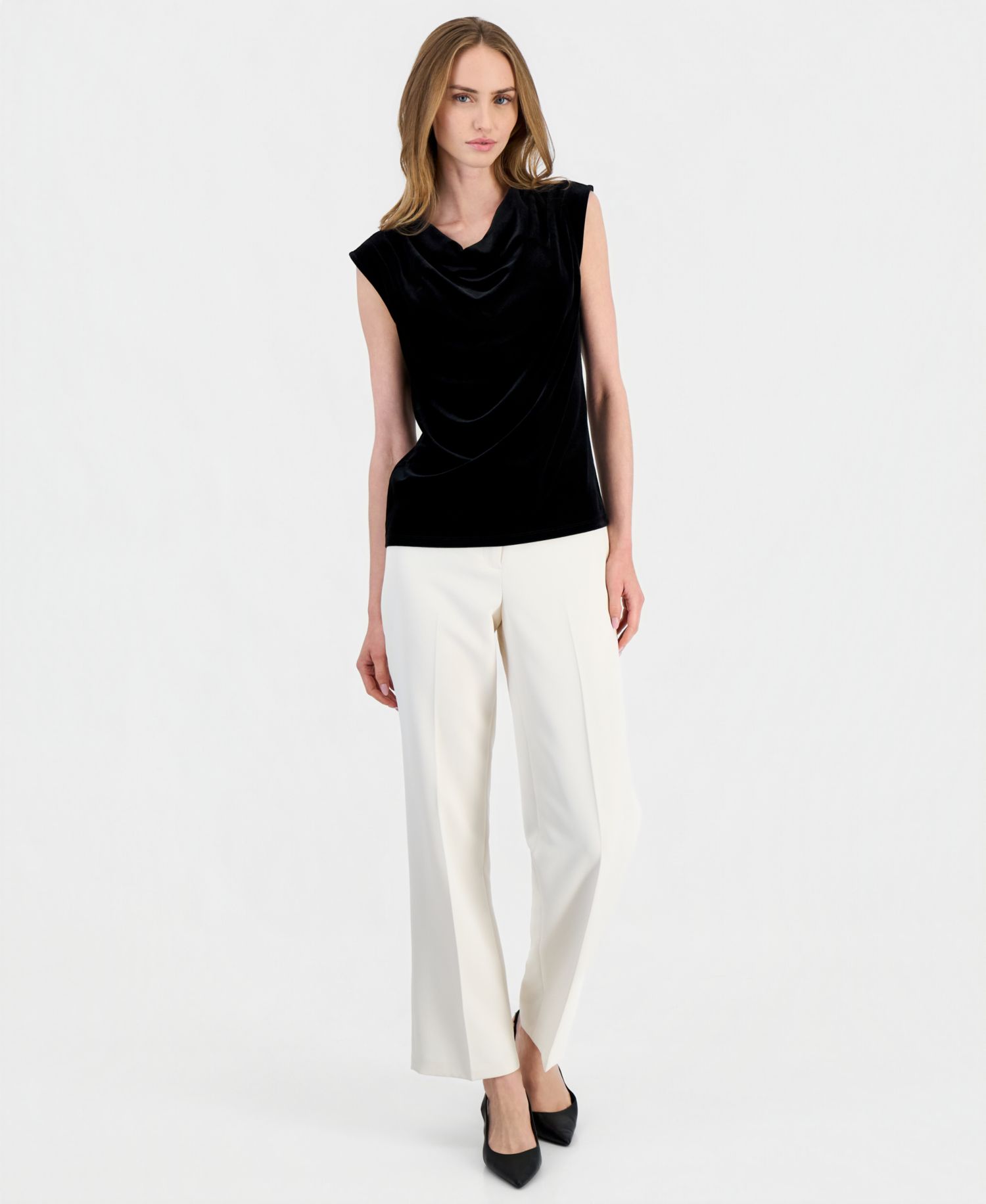 Petite Velvet Cowl Neck Sleeveless Blouse