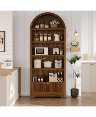71 Inch Tall Arched Bookshelf, 6-Tier Freestanding Bookcase with Drawer and Display Shelves, Walnut Grain, Gold Handles, for Living Room