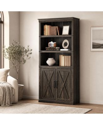 Retro Bookcase with 2 Glass Doors, Display Cabinet with Shelves for Living Room Home Office Study