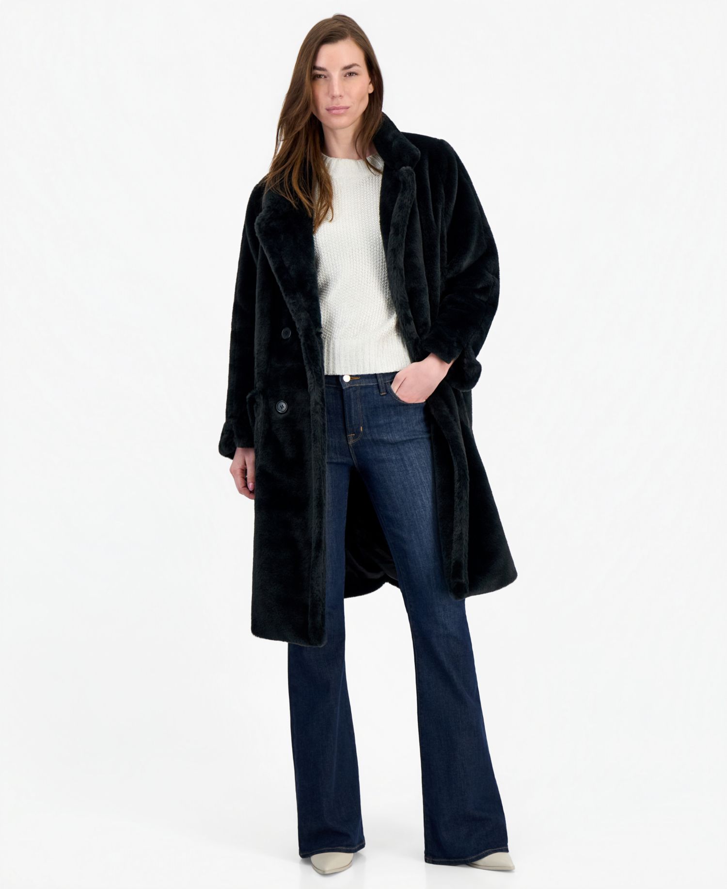 Juniors' Faux-Fur Double-Breasted Coat