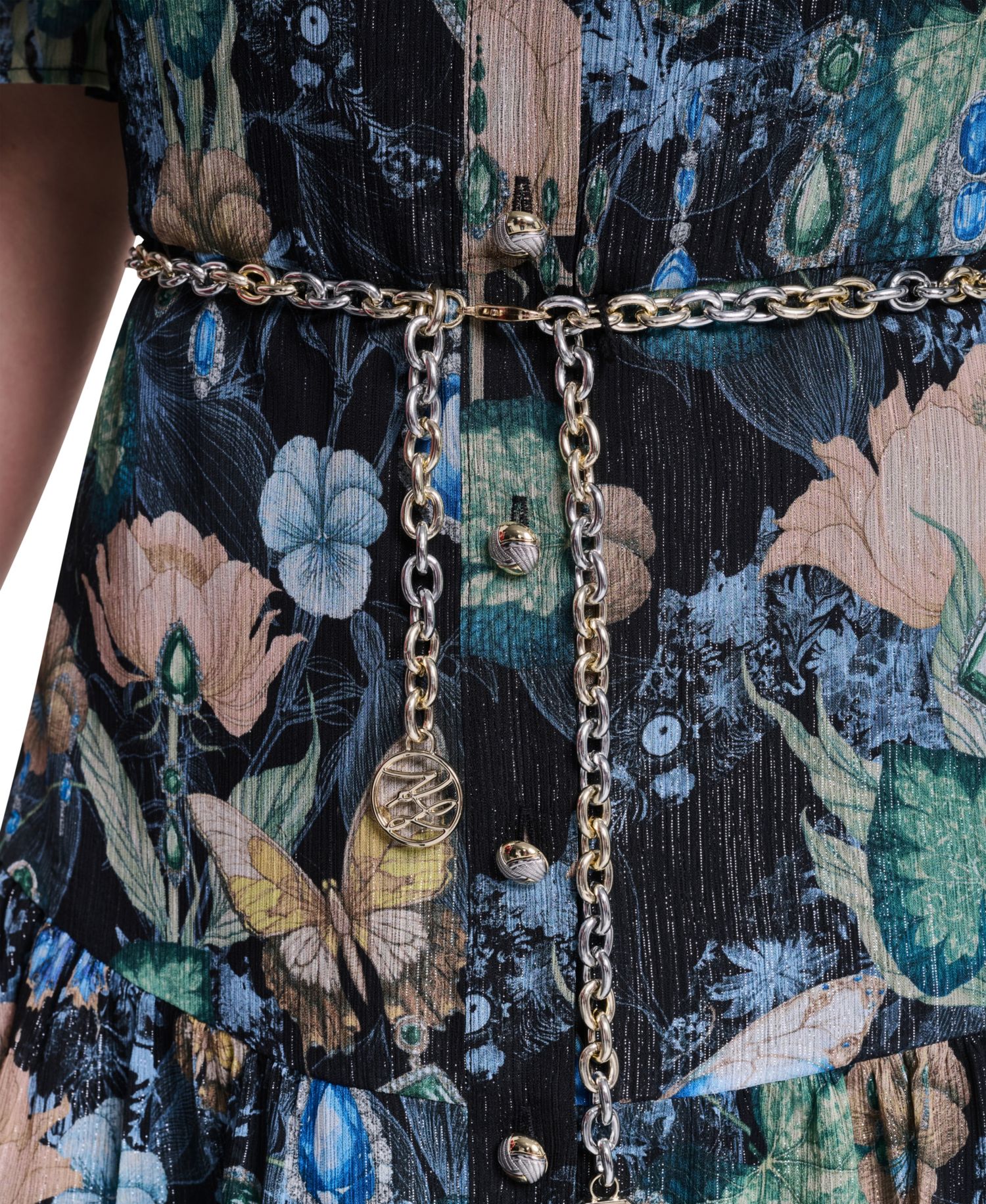 Petite Metallic Crinkle Chain Belt Button-Front Dress