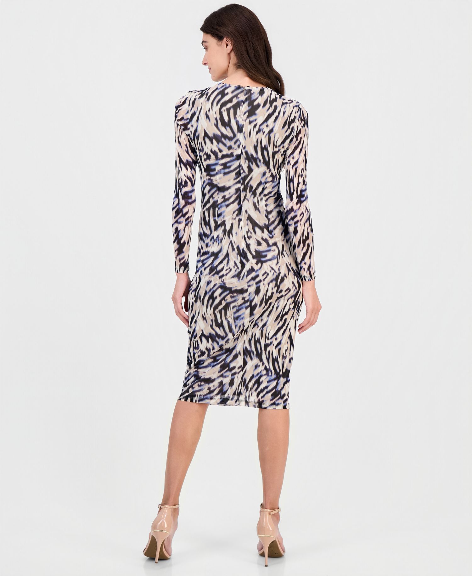Women's Printed Shirred-Waist Long-Sleeve Midi Dress