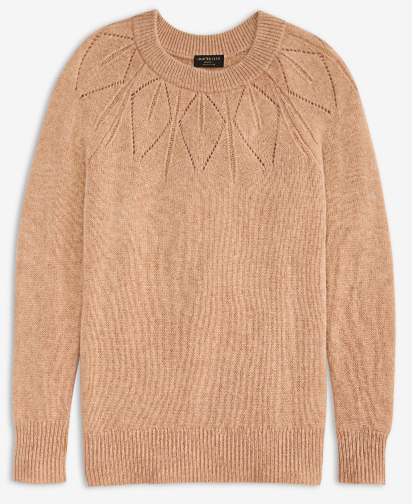 Женский свитер Charter Club Placed-Pointelle Crewneck 100% Cashmere, цвет: Меланжевый верблюжий — фото 5