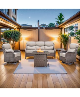 Patio Furniture Set with 6-inch Thick Cushion, Outdoor Furniture with Fire Pit, Swivel Chairs, 5pices Wicker Conversation Set