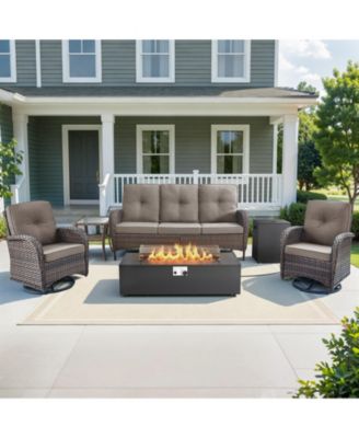 6-Piece Patio Furniture Set with Fire Pit Kit,Wicker Outdoor Swivel Rocker Chairs Patio Sofa for Backyard,Poolside