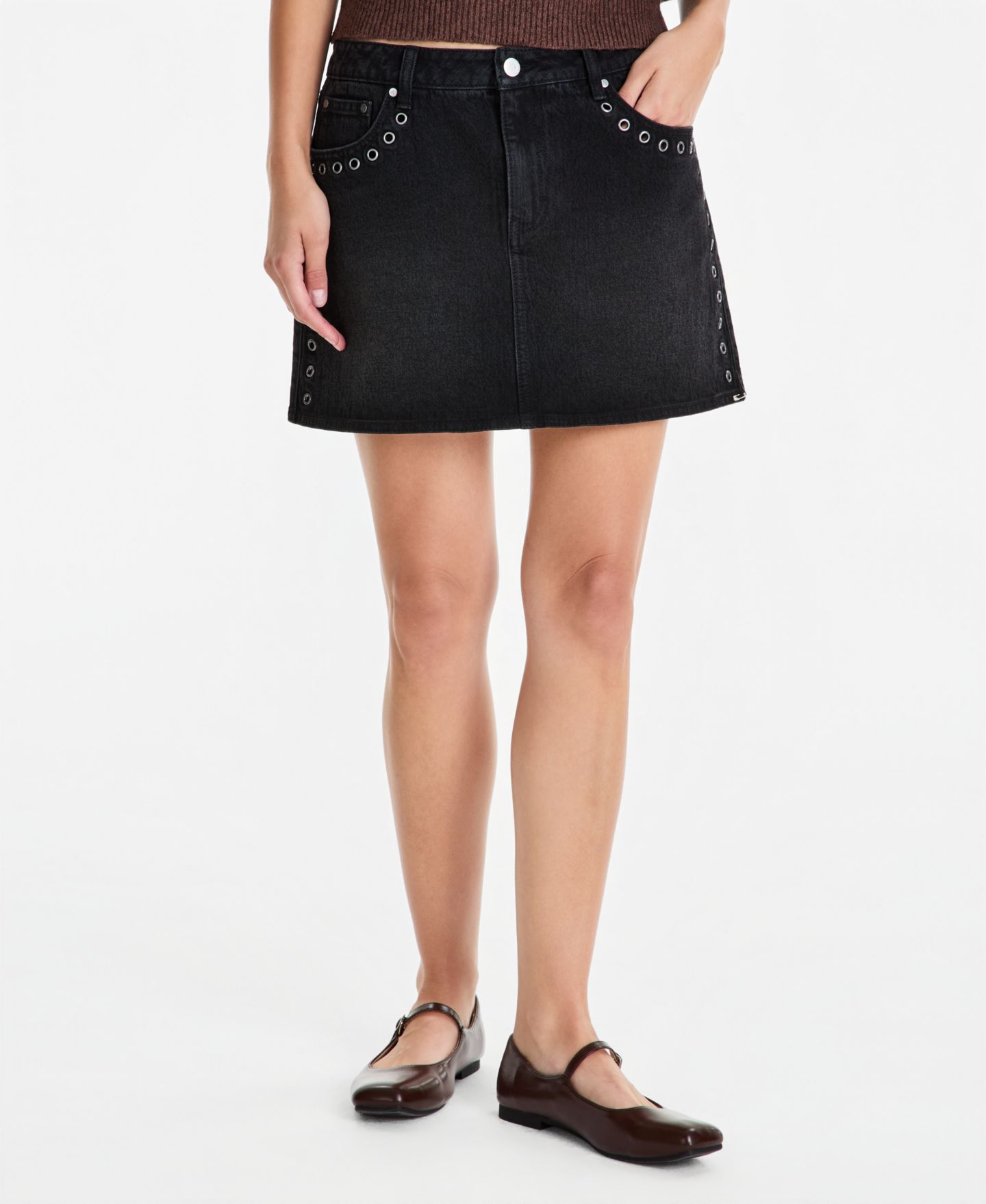 Женская юбка And Now This Mid-Rise Grommet-Trim Denim Mini, цвет: Чёрный — фото 3